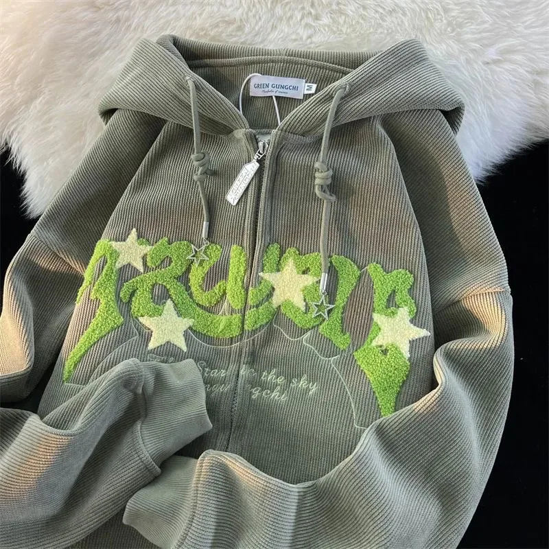 Bestickter Kapuzenpullover mit Reißverschluss – Harajuku Y2K für Frauen
