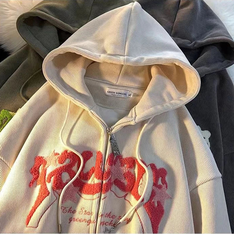 Bestickter Kapuzenpullover mit Reißverschluss – Harajuku Y2K für Frauen