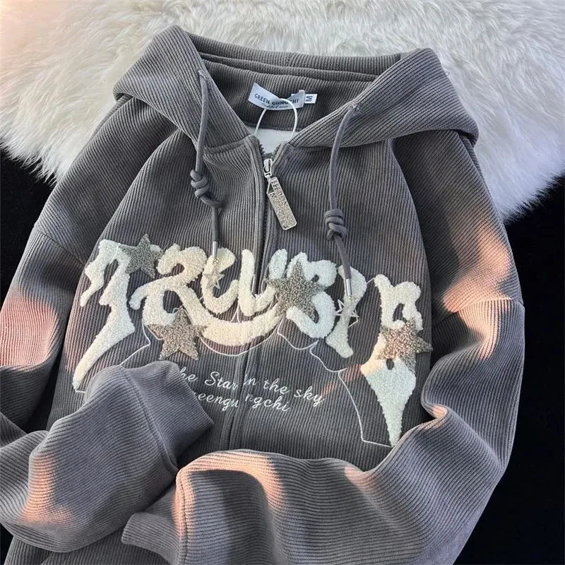 Bestickter Kapuzenpullover mit Reißverschluss – Harajuku Y2K für Frauen