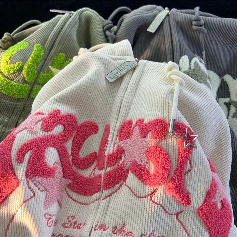 Bestickter Kapuzenpullover mit Reißverschluss – Harajuku Y2K für Frauen