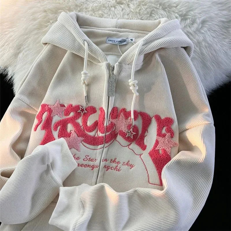 Bestickter Kapuzenpullover mit Reißverschluss – Harajuku Y2K für Frauen